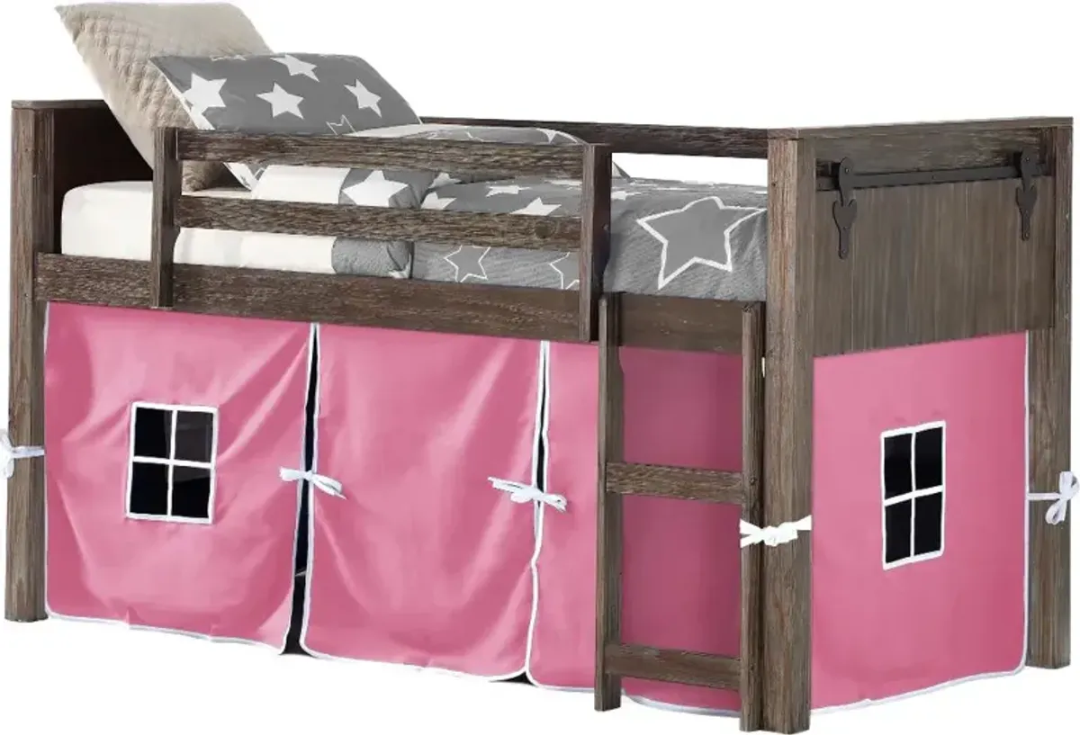 Brushed Brown Twin Loft Bed with Pink Tent - Barn Door