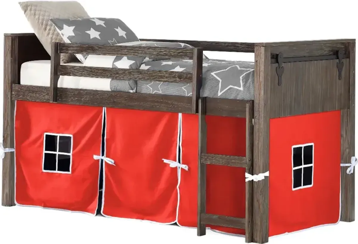 Brushed Brown Twin Loft Bed with Red Tent - Barn Door