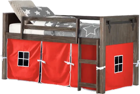 Brushed Brown Twin Loft Bed with Red Tent - Barn Door