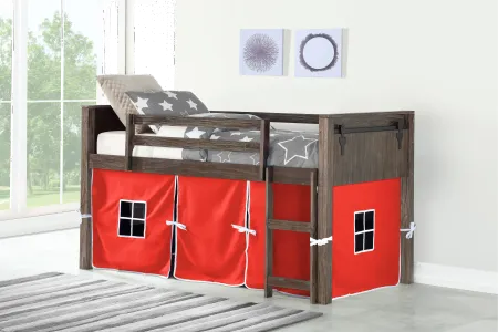 Brushed Brown Twin Loft Bed with Red Tent - Barn Door