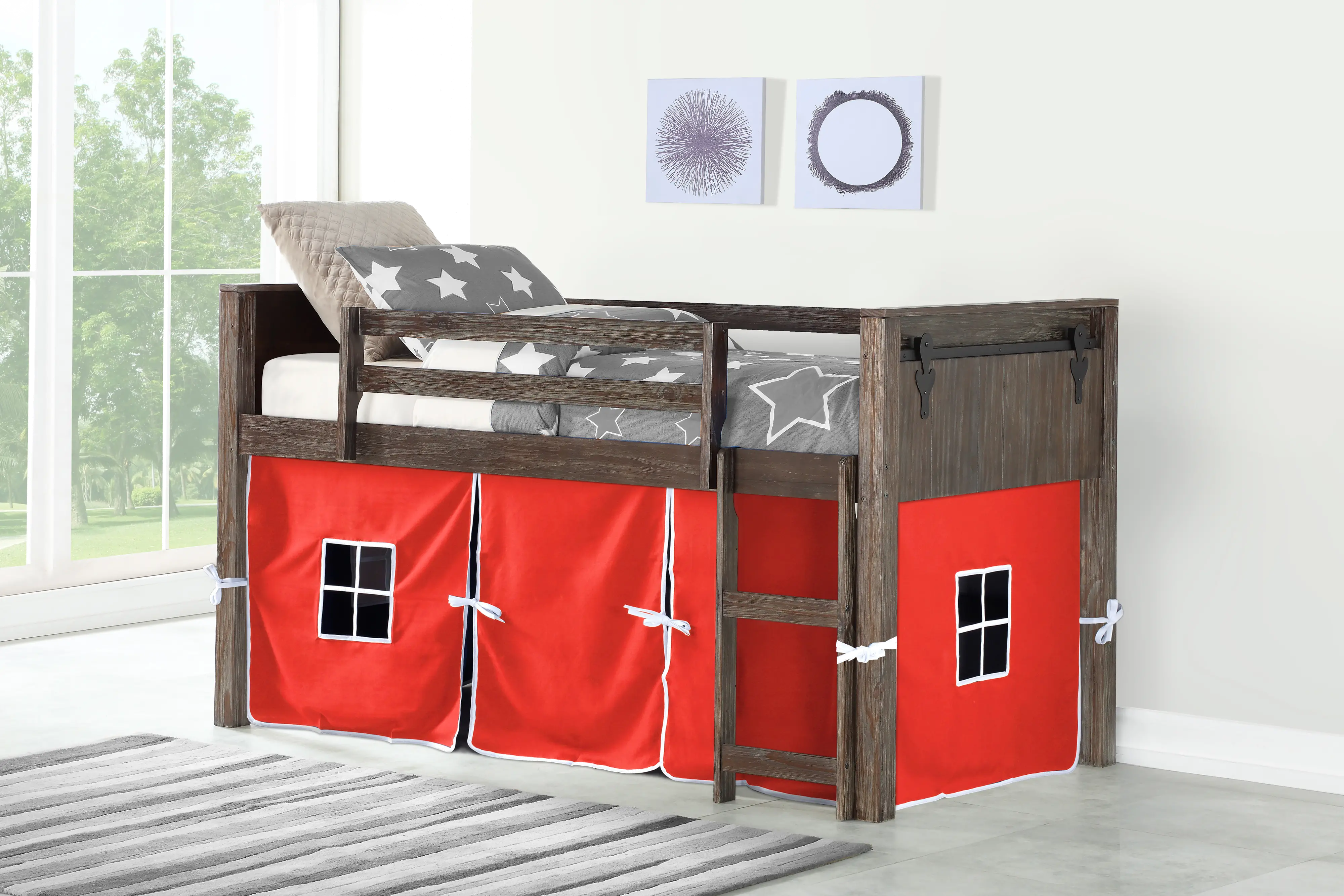 Brushed Brown Twin Loft Bed with Red Tent - Barn Door