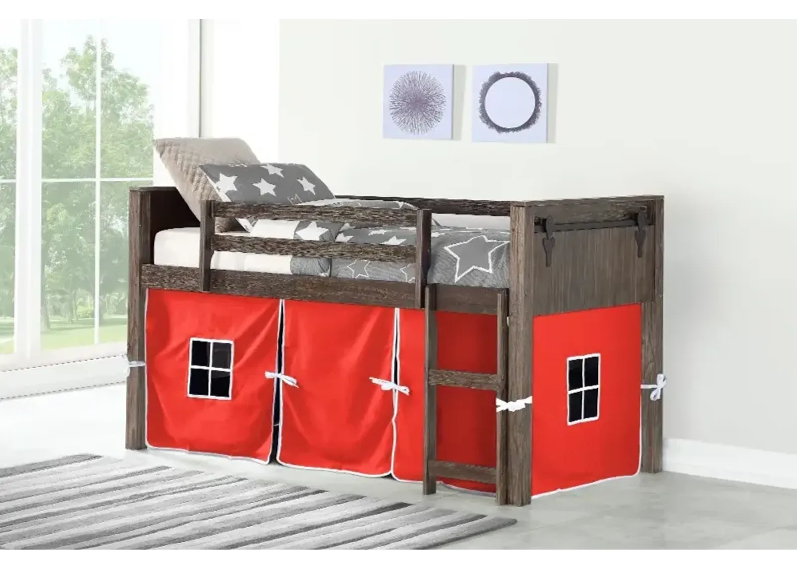 Brushed Brown Twin Loft Bed with Red Tent - Barn Door