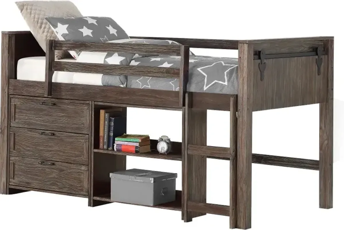 Brown Twin Low Loft Bed Style C - Barn Door