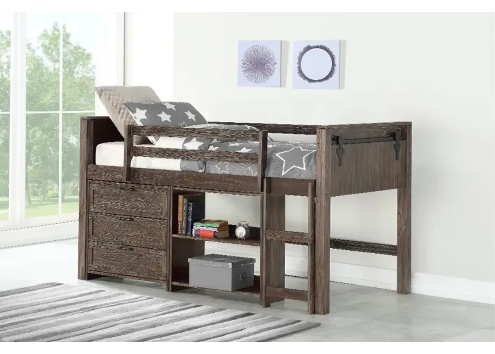 Brown Twin Low Loft Bed Style C - Barn Door