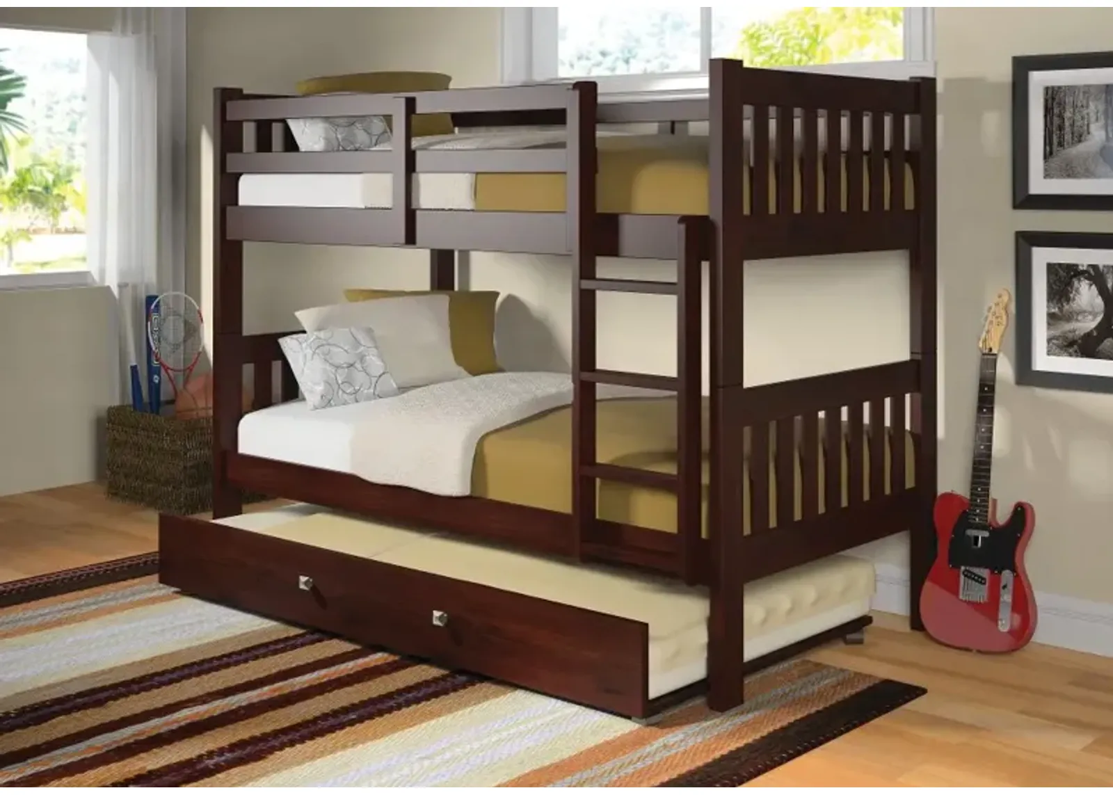 Classic Brown Twin Bunk Bed with Trundle - Mission