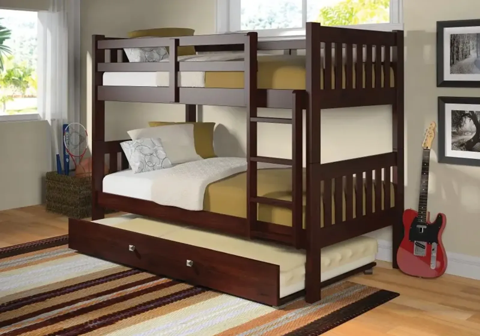 Classic Brown Twin Bunk Bed with Trundle - Mission