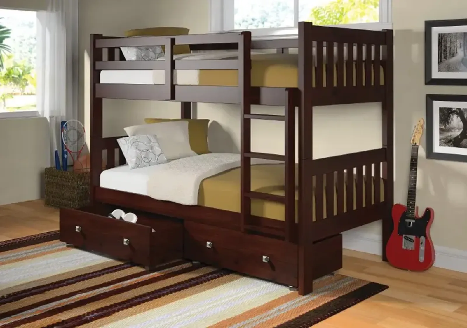 Classic Brown Twin Bunk Bed with Storage Drawers - Mission