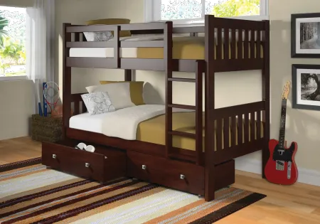 Classic Brown Twin Bunk Bed with Storage Drawers - Mission