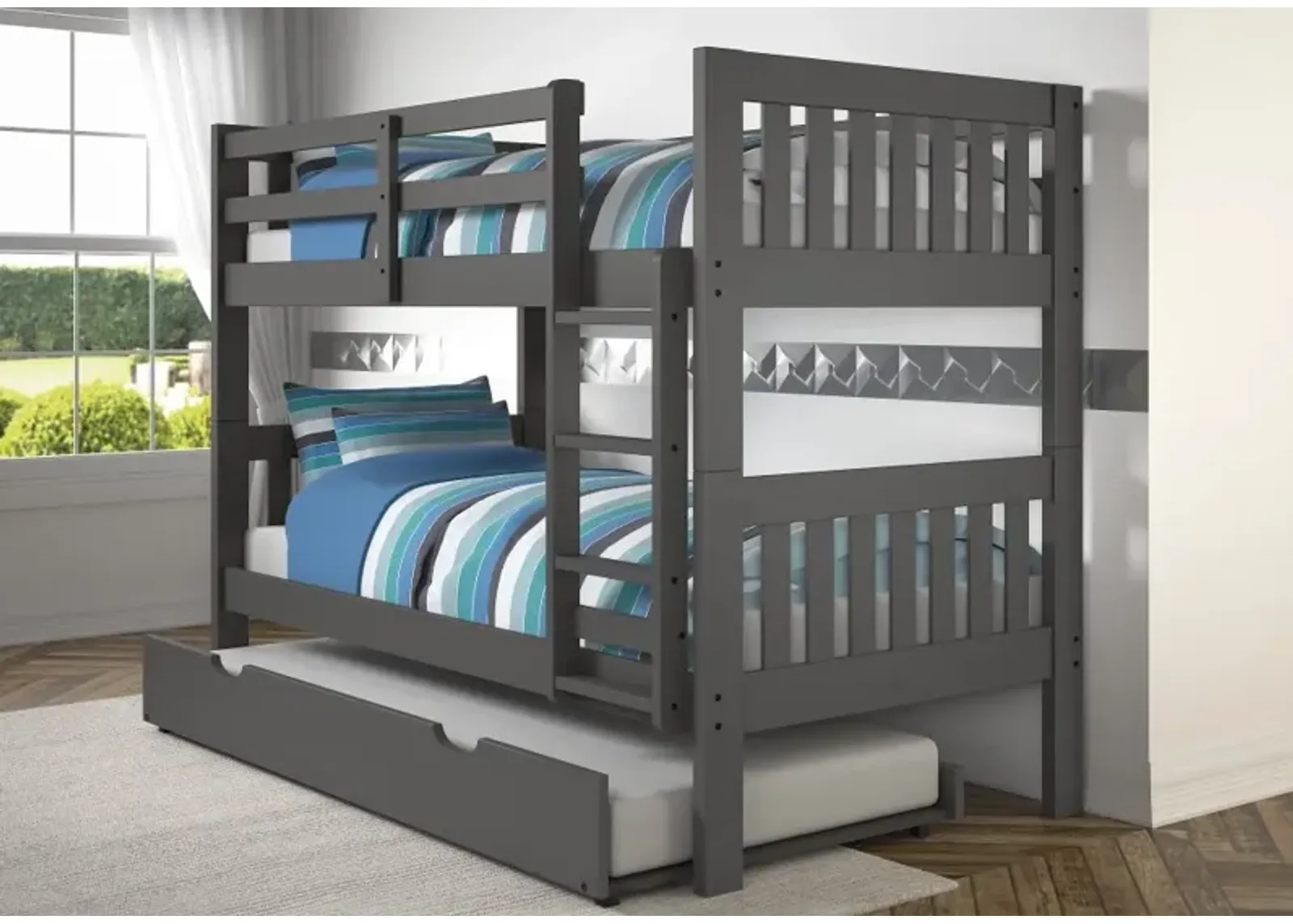 Classic Gray Twin Bunk Bed with Trundle - Mission