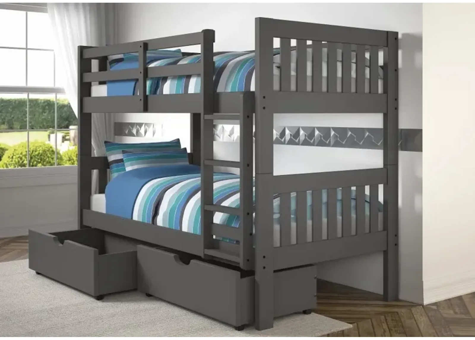 Classic Gray Twin Bunk Bed with Storage Drawers - Mission