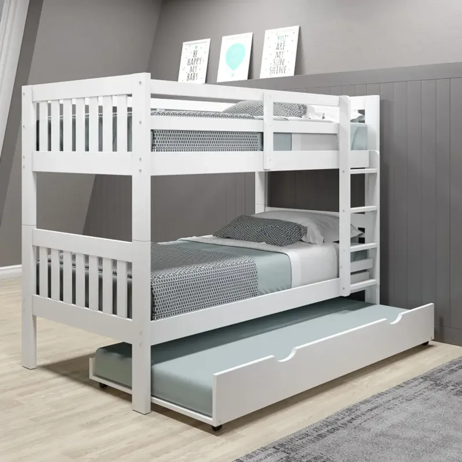 Classic White Twin Bunk Bed with Trundle - Mission