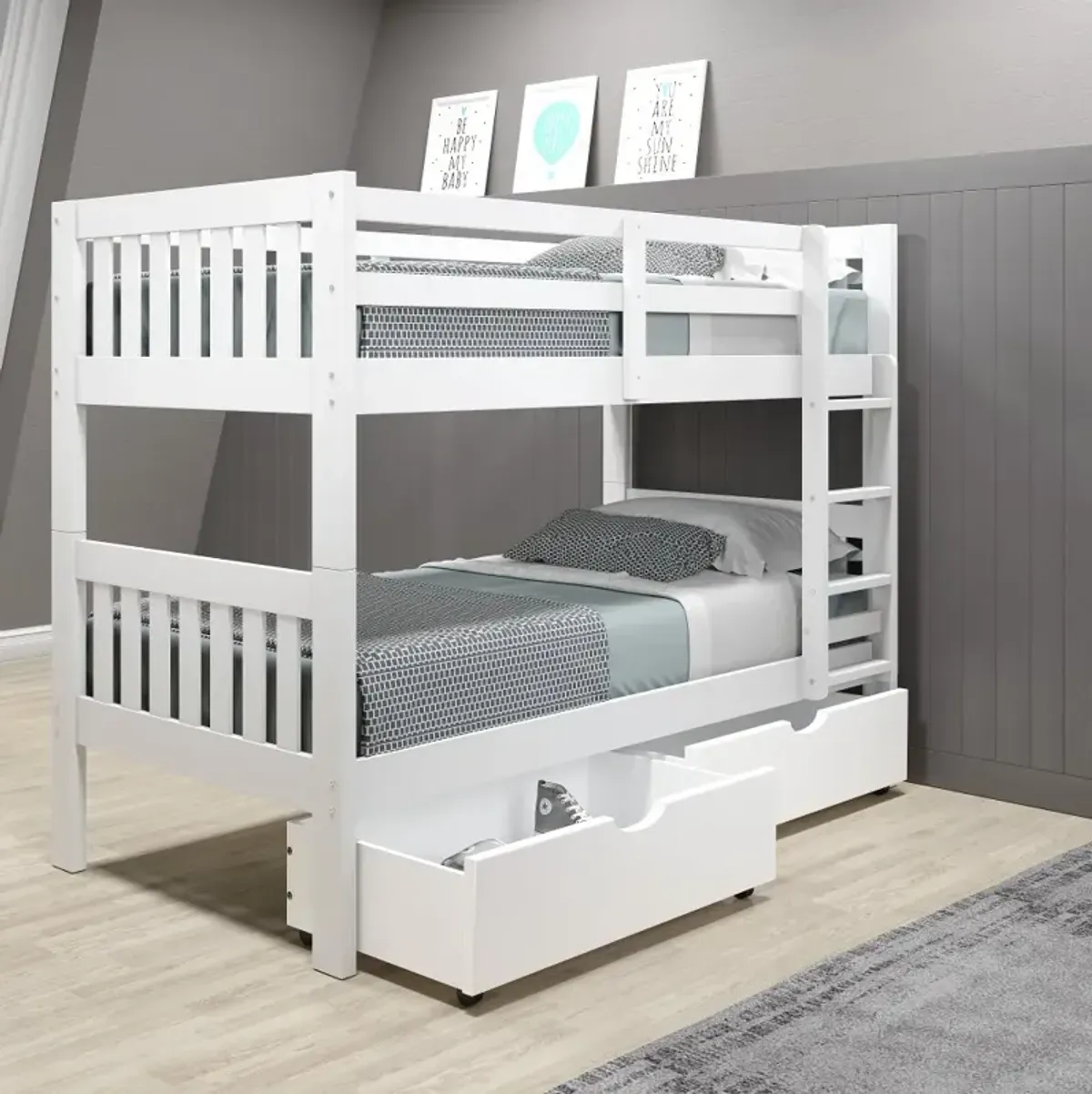 Classic White Twin Bunk Bed with Storage Drawers - Mission