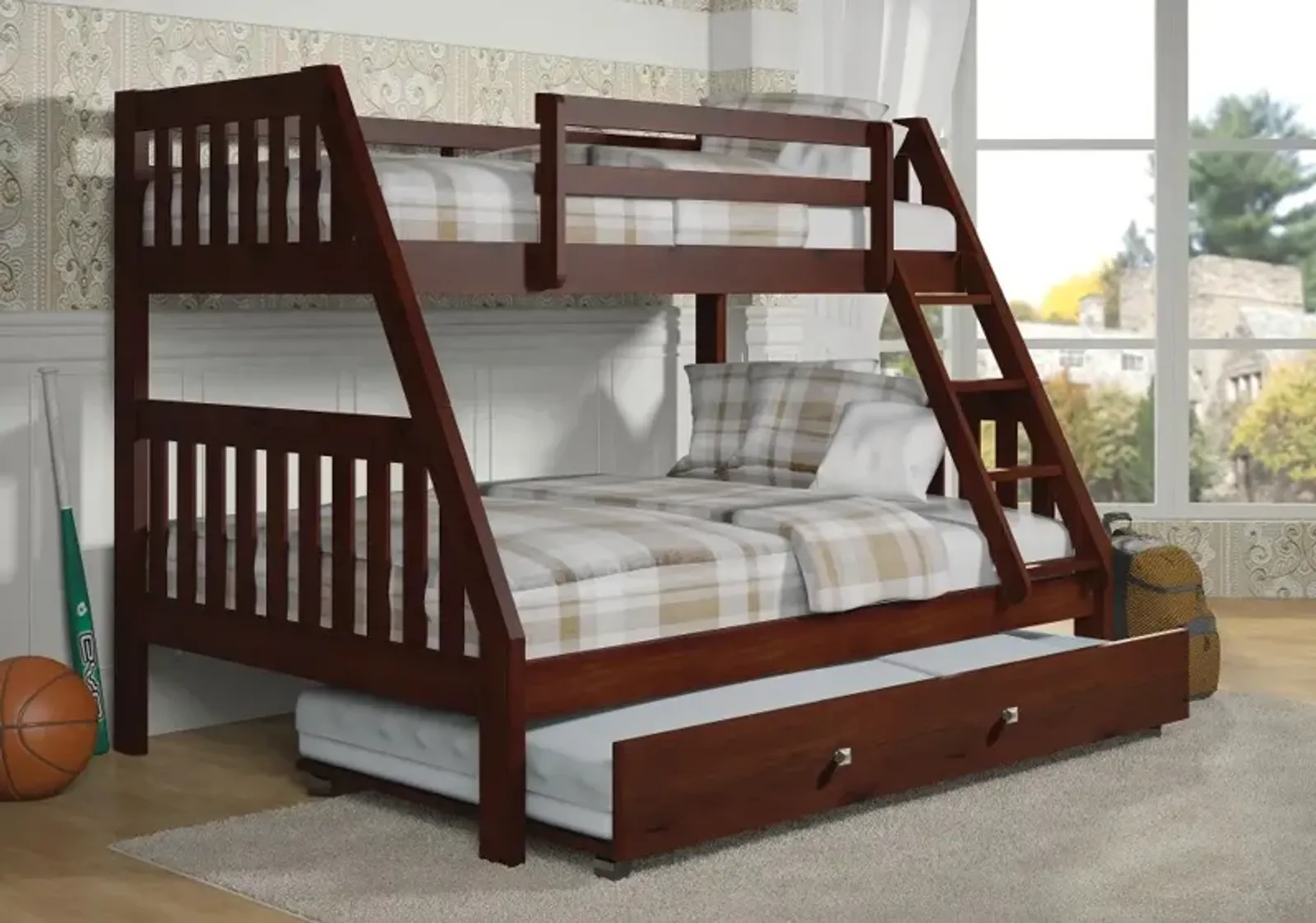 Classic Brown Twin over Full Bunk Bed with Trundle - Mission