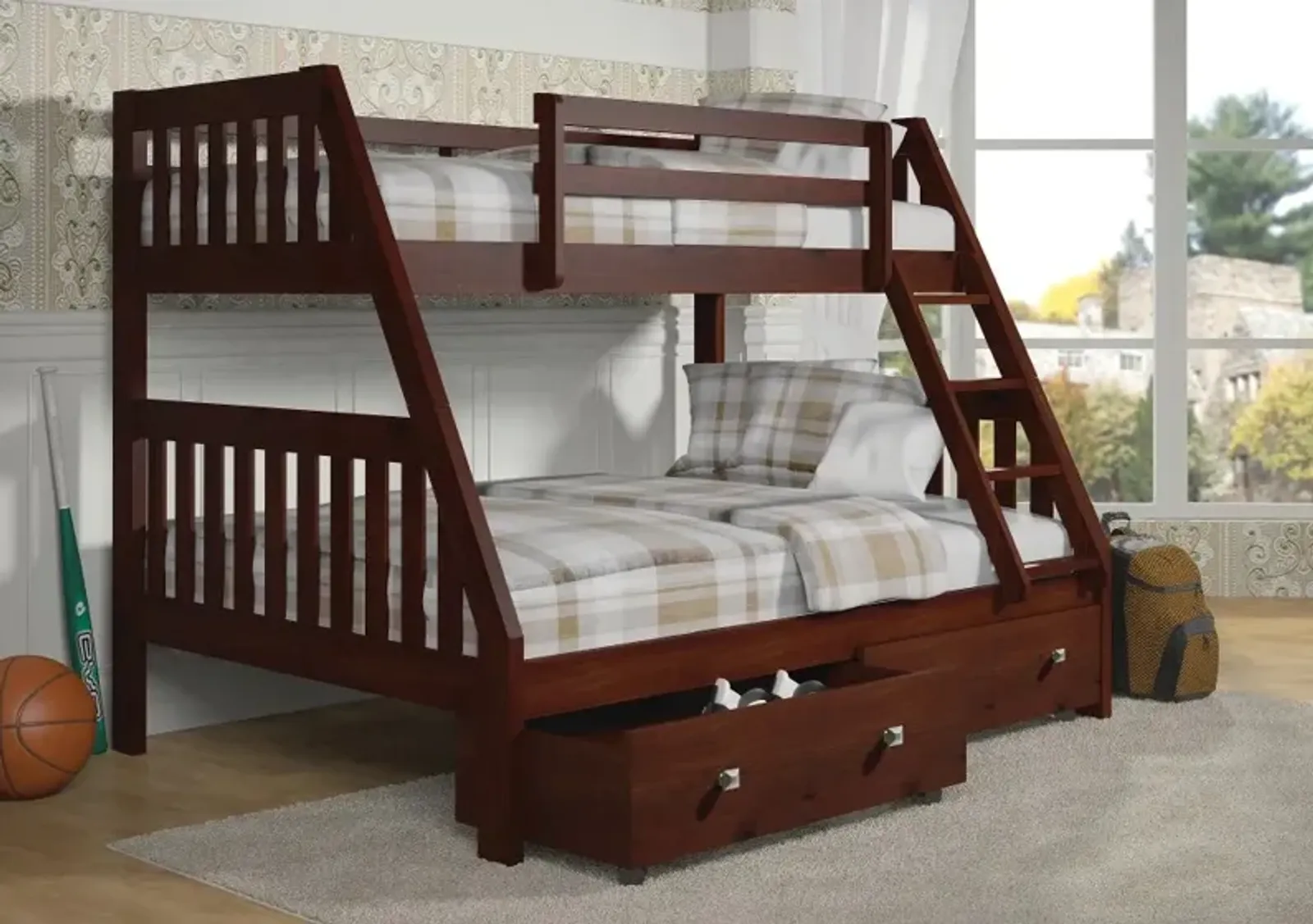 Brown Twin over Full Bunk Bed with Storage Drawers - Mission