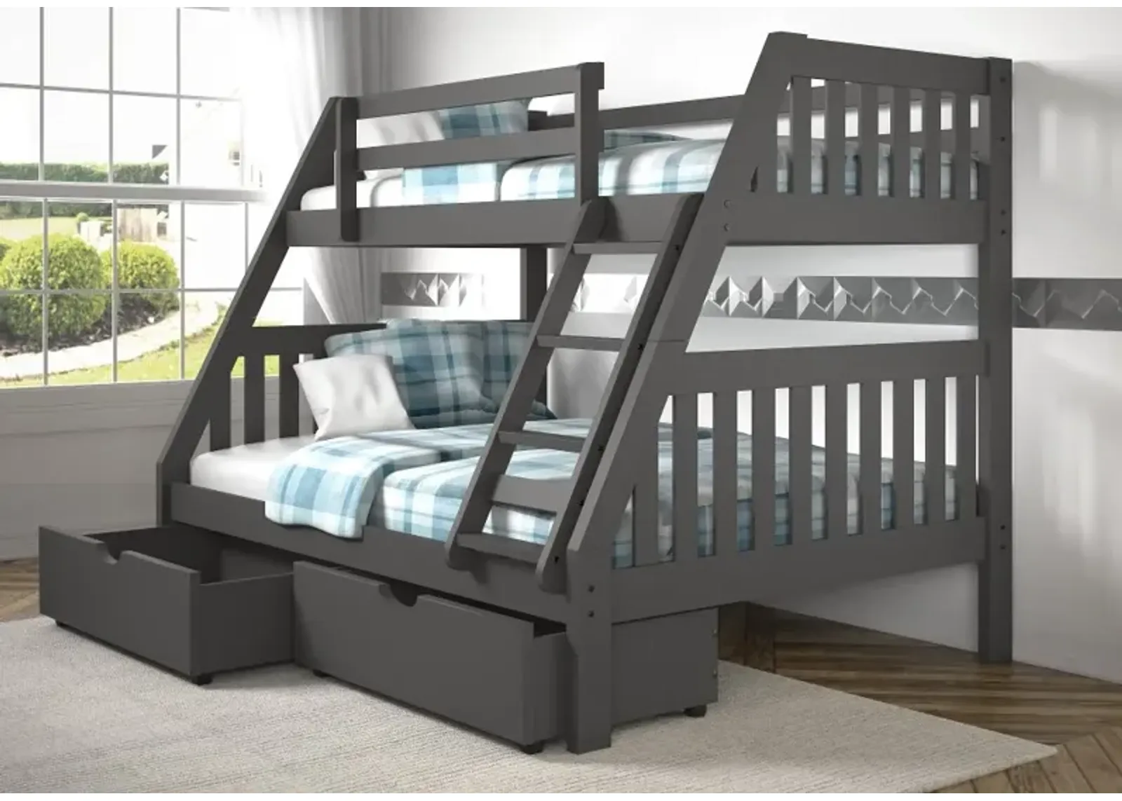 Gray Twin over Full Bunk Bed with Storage Drawers - Mission