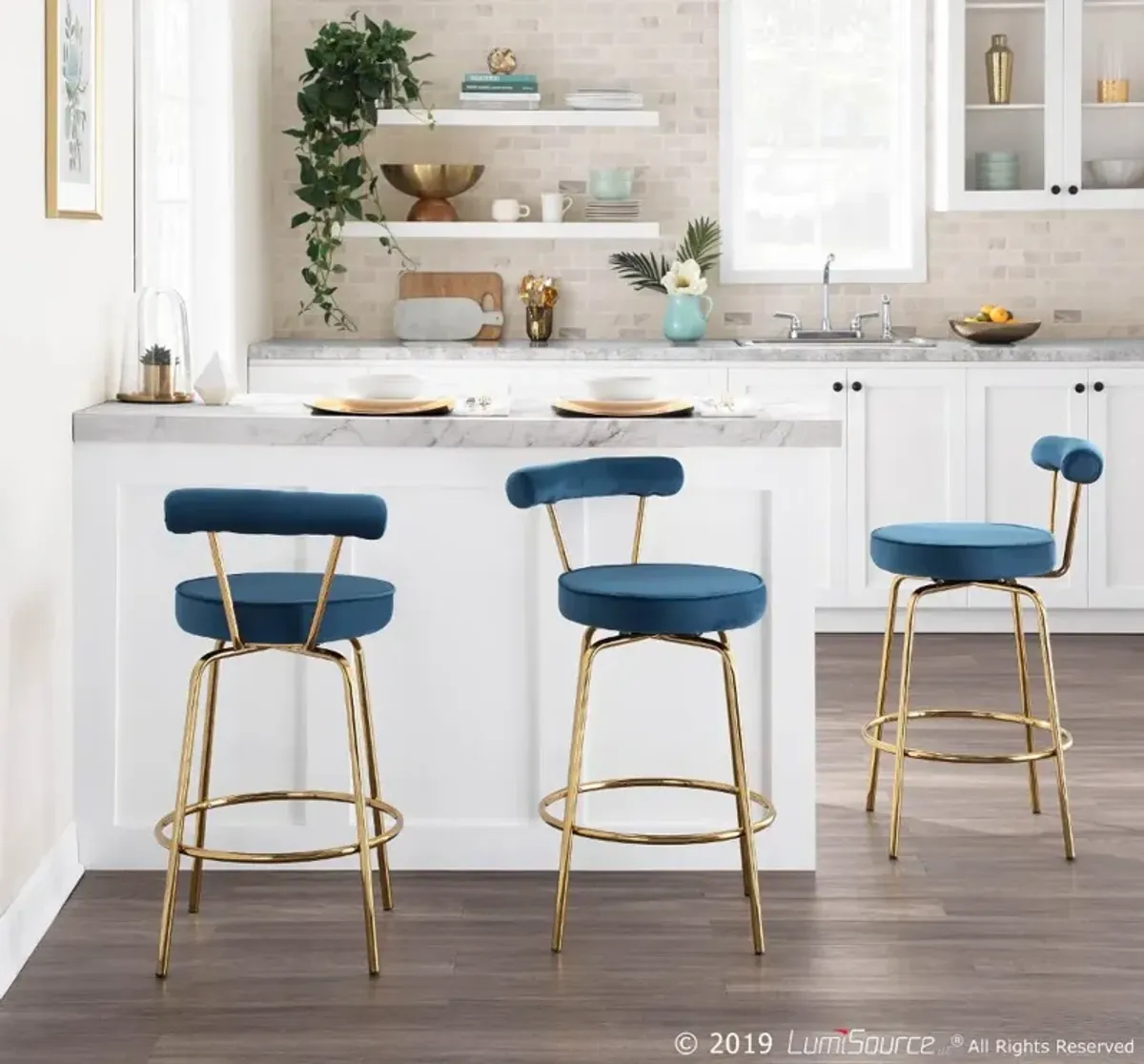 Contemporary Blue and Gold Swivel Counter Height Stool (Set of 2)...