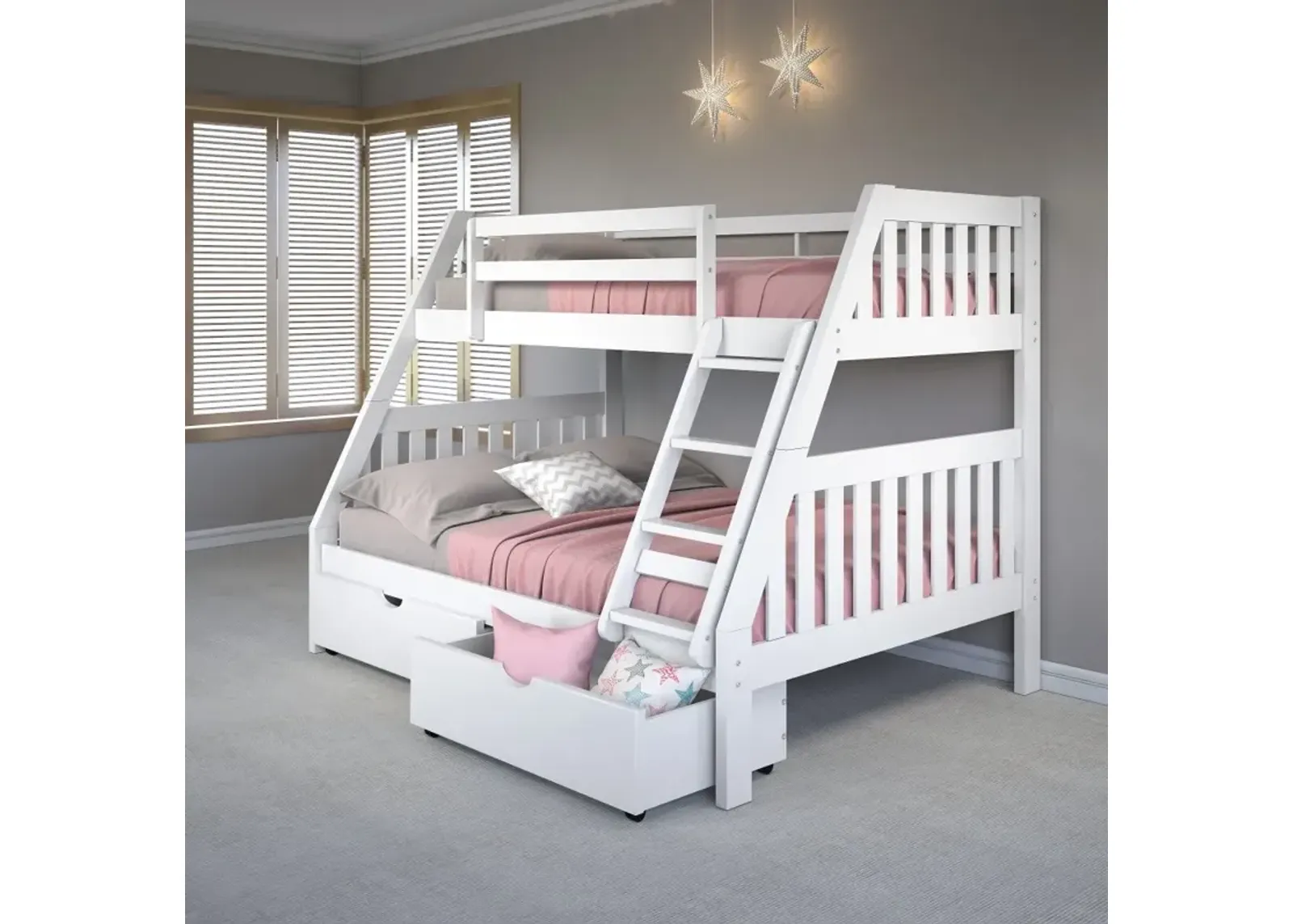 White Twin over Full Bunk Bed with Storage Drawers - Mission