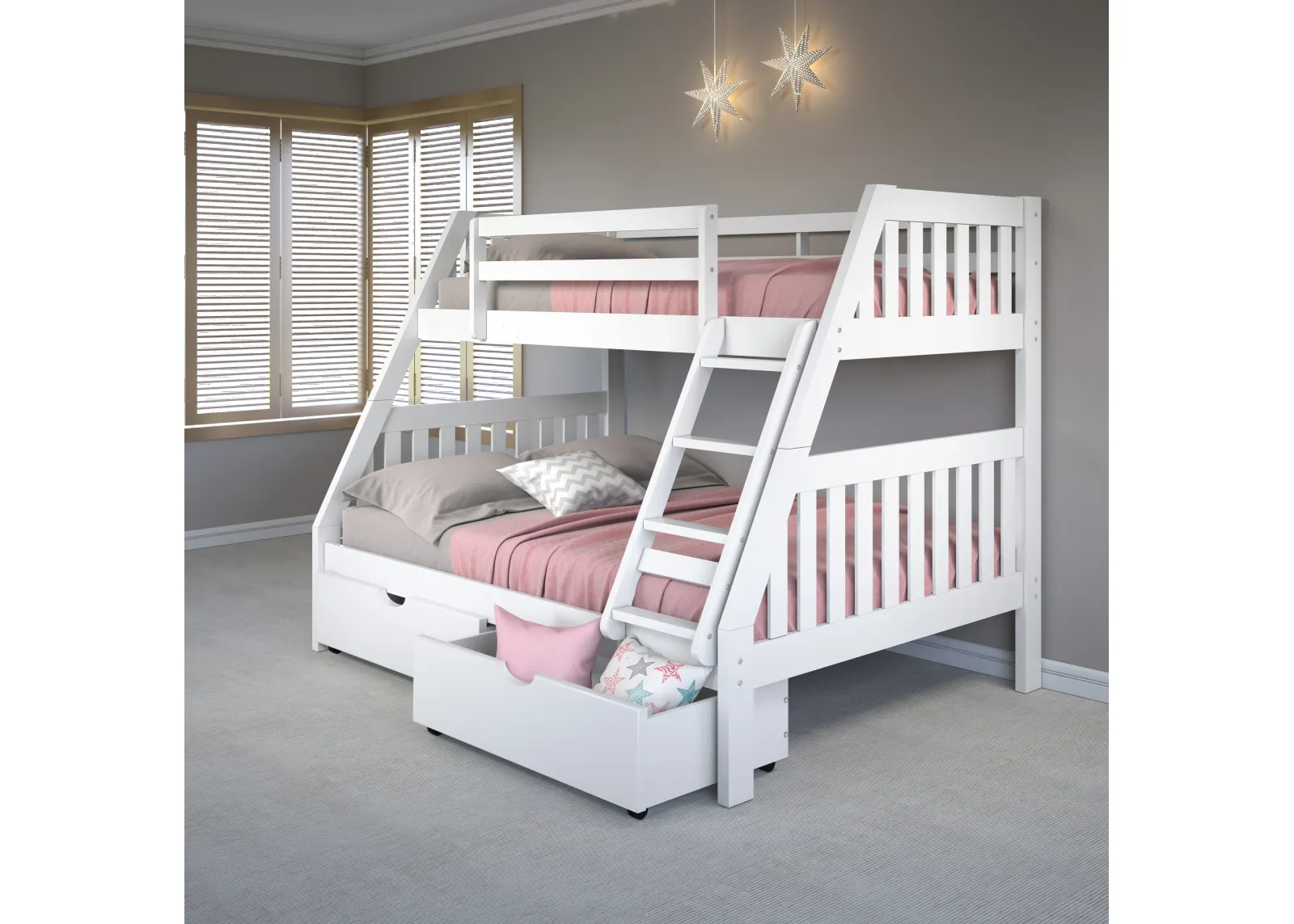 White Twin over Full Bunk Bed with Storage Drawers - Mission