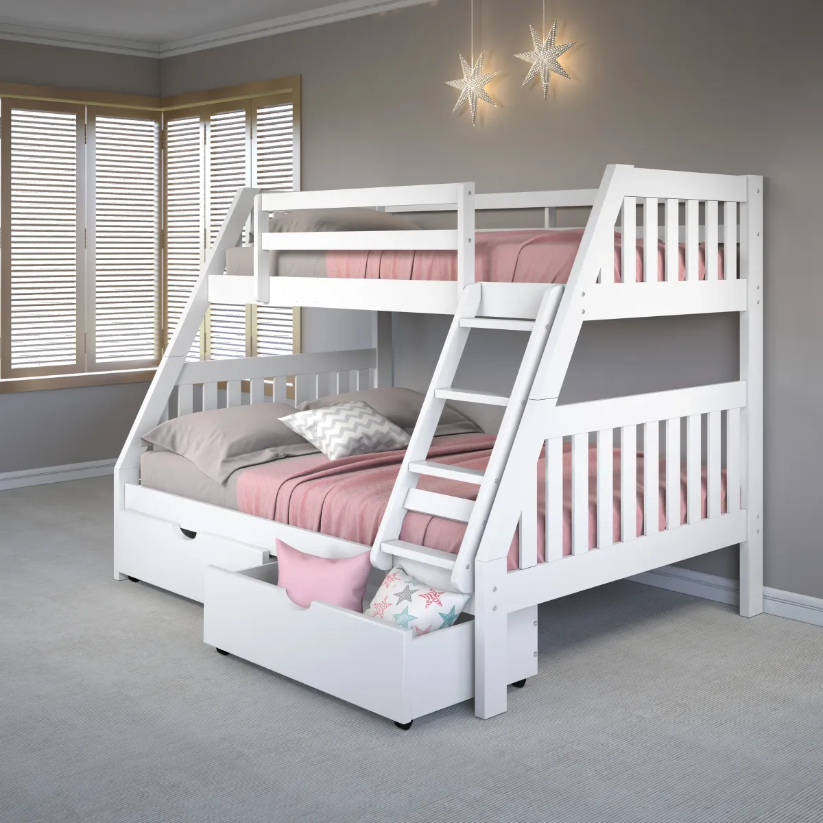 White Twin over Full Bunk Bed with Storage Drawers - Mission