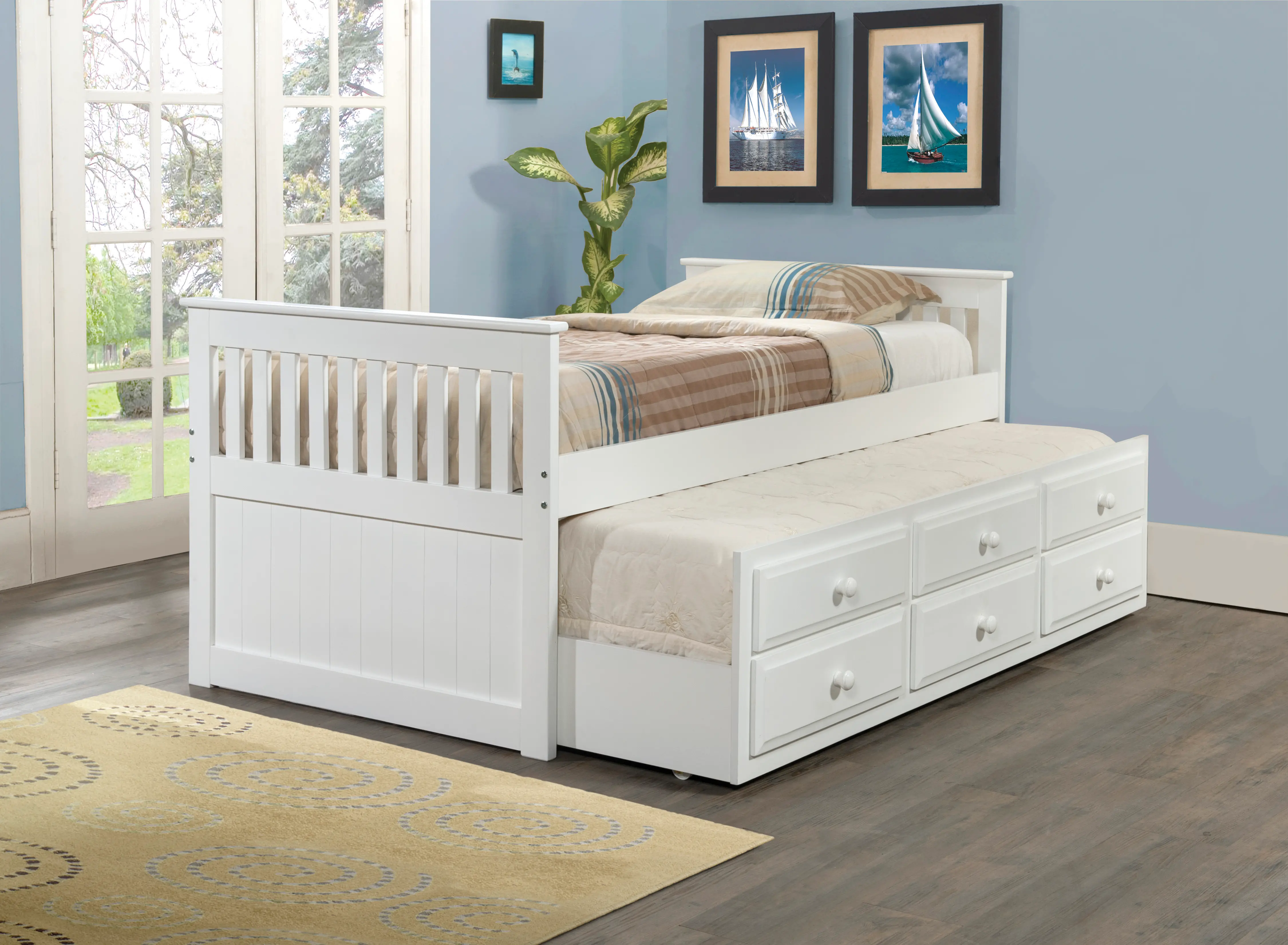 Cappuccino White Twin Captain's Bed with Trundle and Storage