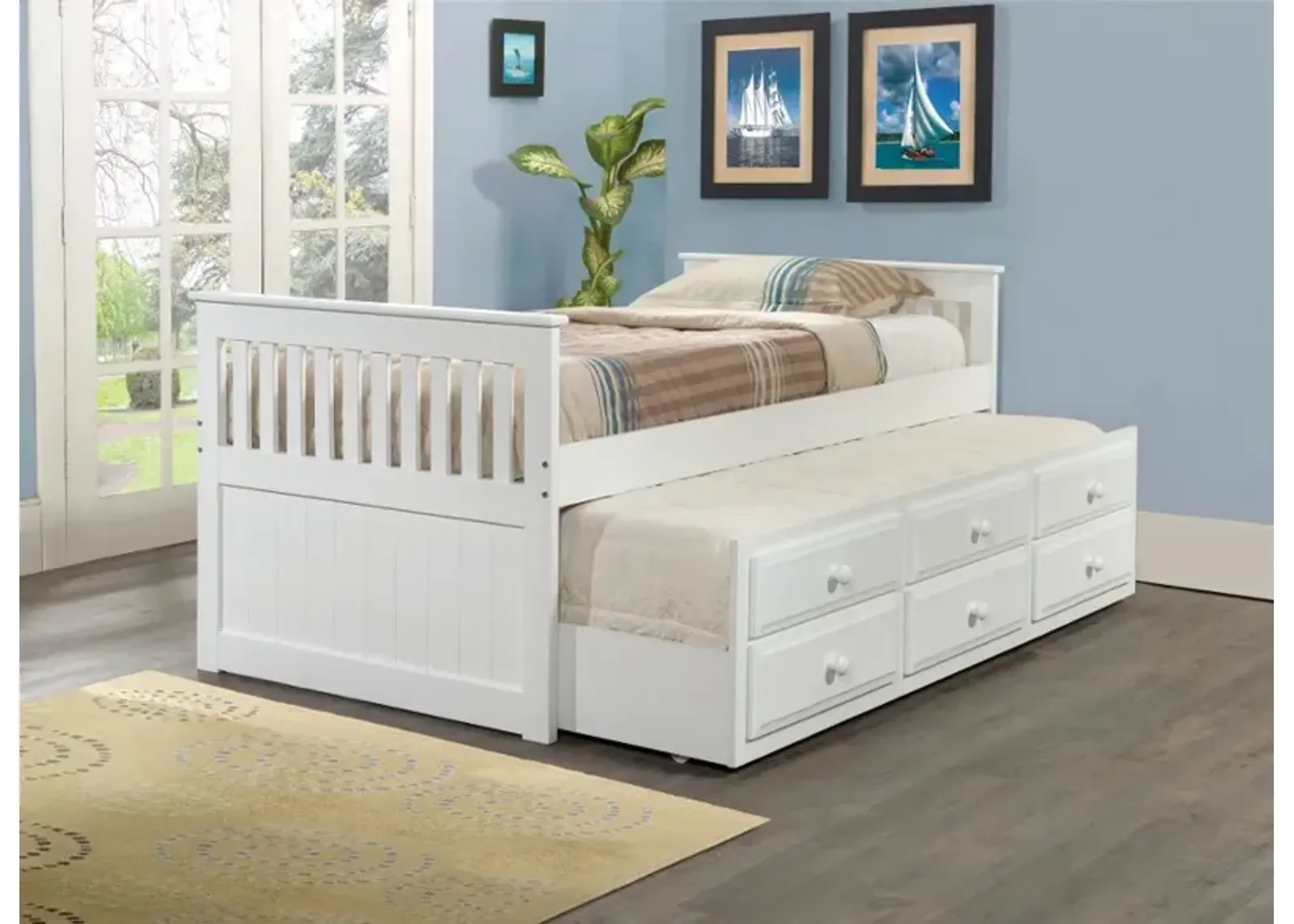 Cappuccino White Twin Captain's Bed with Trundle and Storage