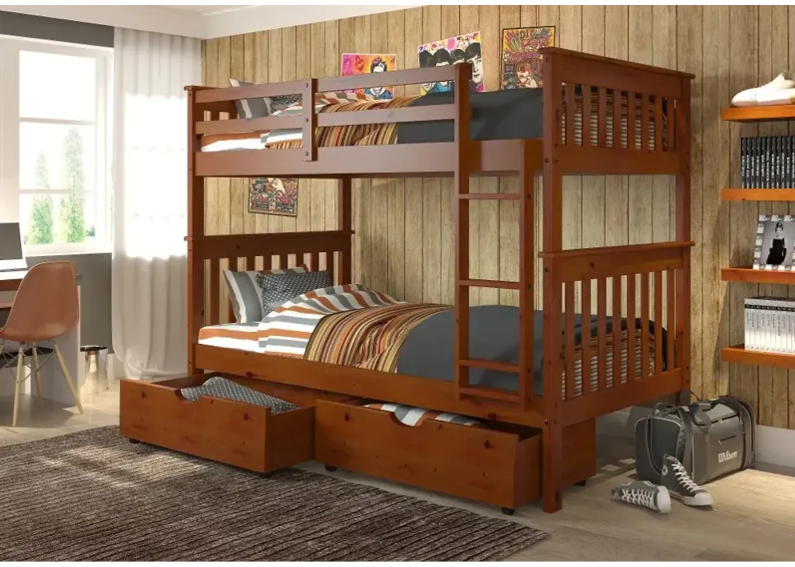 Craftsman Espresso Brown Twin-over-Twin Bunk Bed with Storage