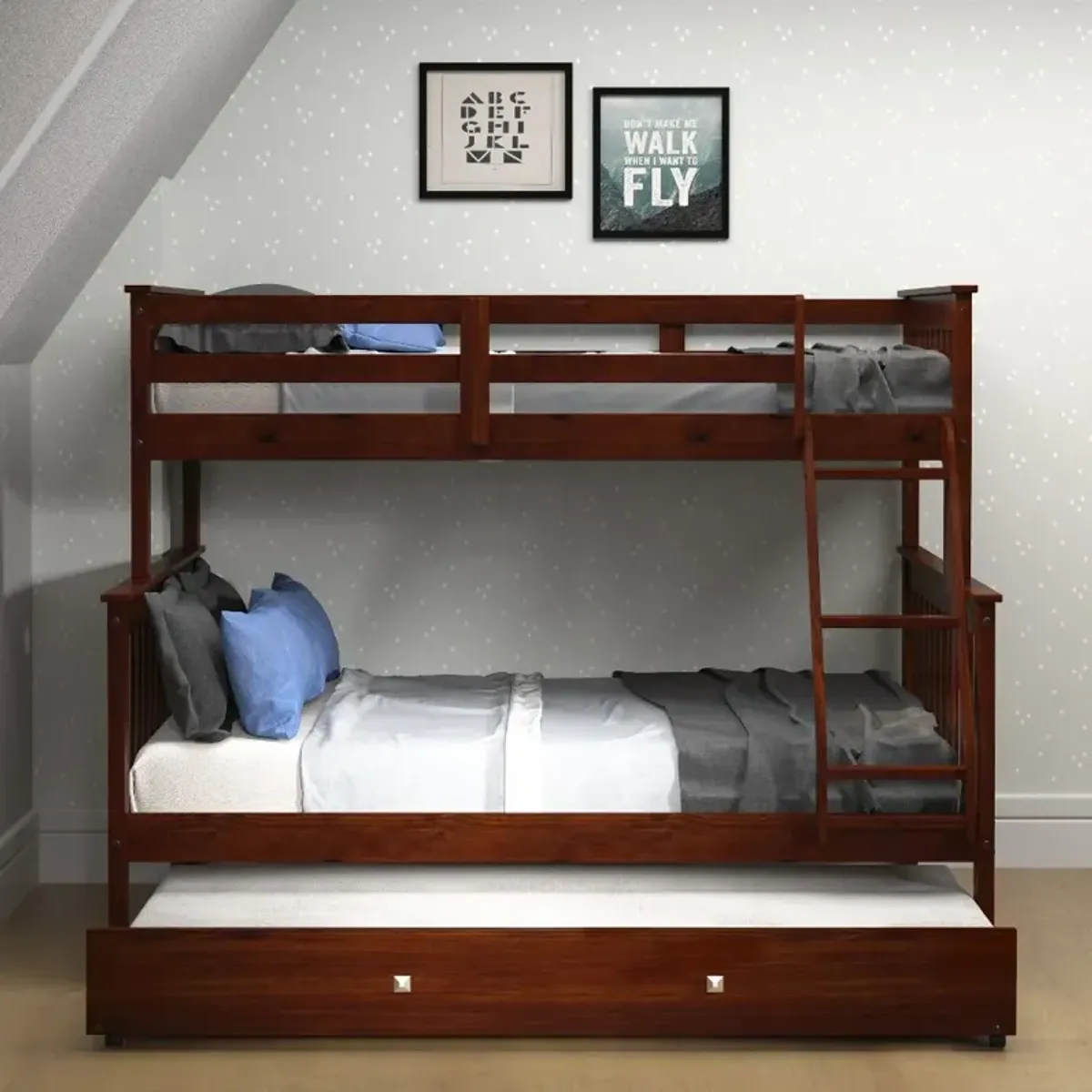 Dark Brown Twin-over-Full Bunk Bed with Trundle - Craftsman