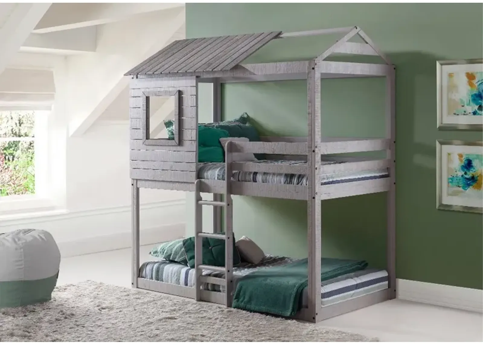 Rustic Gray Twin over Twin Bunk Bed - Tree Fort