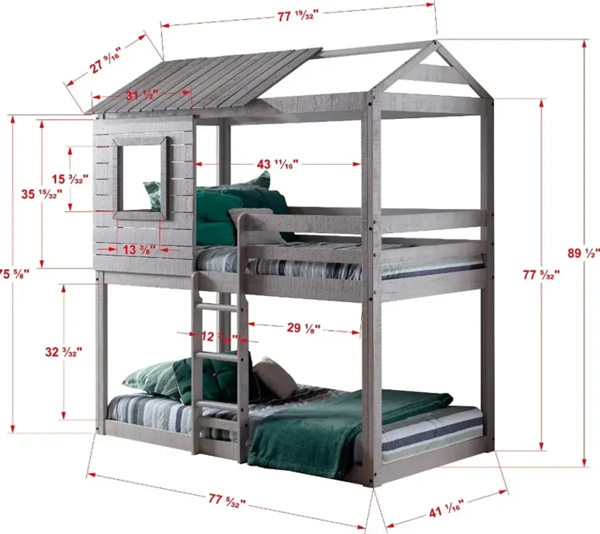 Rustic Gray Twin over Twin Bunk Bed with Blue Tent - Tree Fort