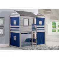 Rustic Gray Twin over Twin Bunk Bed with Blue Tent - Tree Fort