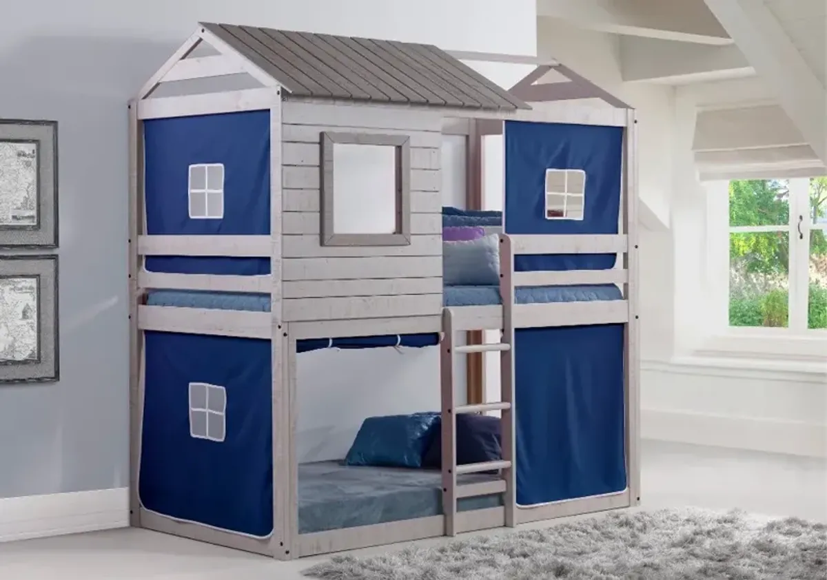 Rustic Gray Twin over Twin Bunk Bed with Blue Tent - Tree Fort