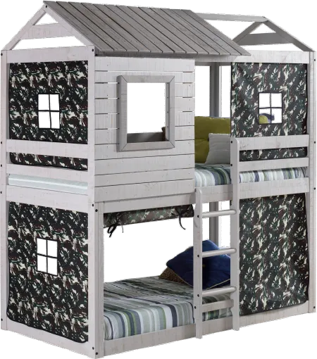 Rustic Gray Twin over Twin Bunk Bed with Camo Tent - Tree Fort