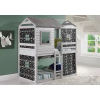 Rustic Gray Twin over Twin Bunk Bed with Camo Tent - Tree Fort