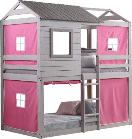 Rustic Gray Twin over Twin Bunk Bed with Pink Tent - Tree Fort