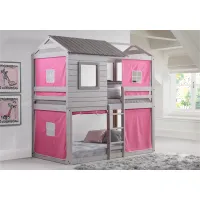 Rustic Gray Twin over Twin Bunk Bed with Pink Tent - Tree Fort