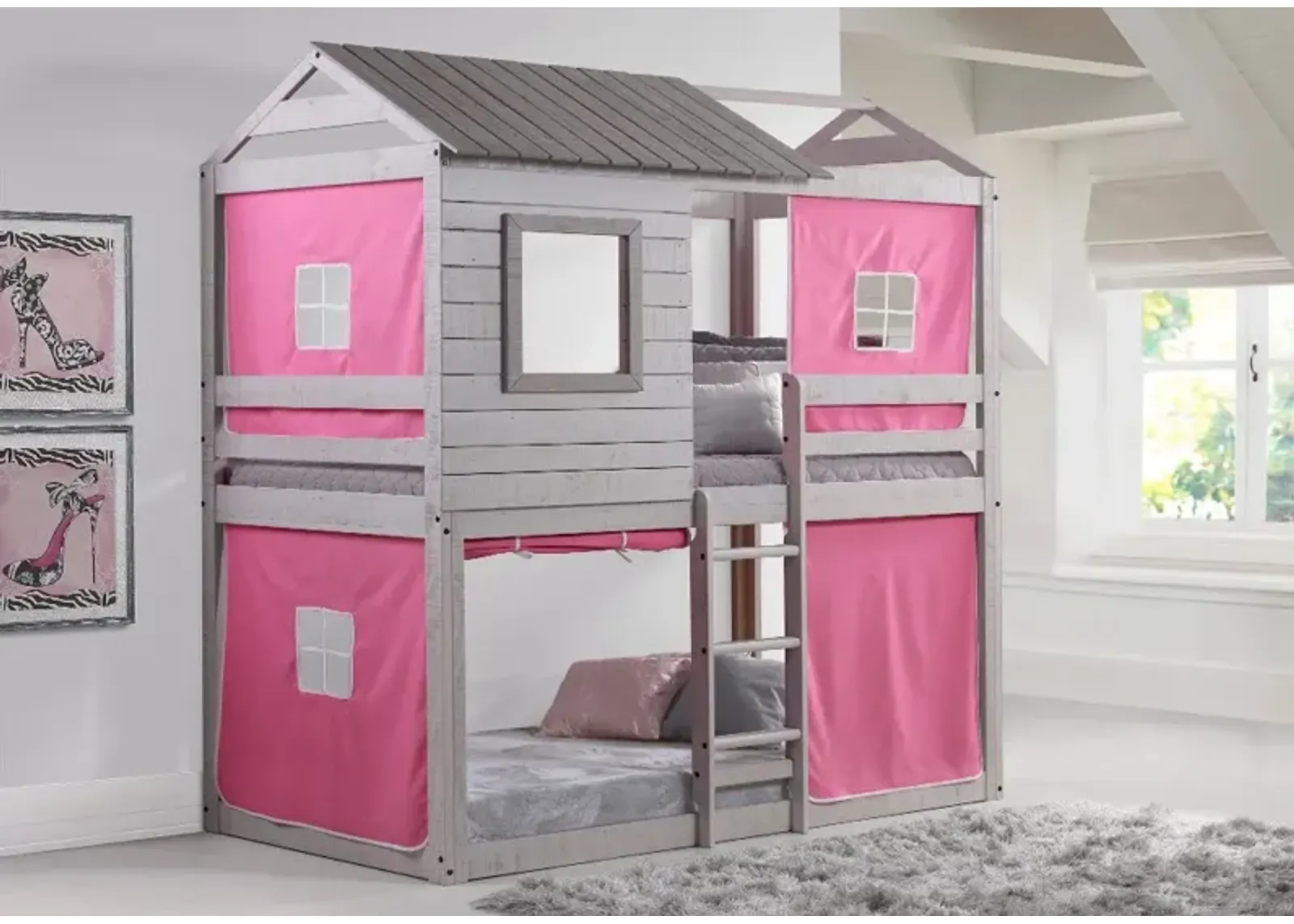 Rustic Gray Twin over Twin Bunk Bed with Pink Tent - Tree Fort