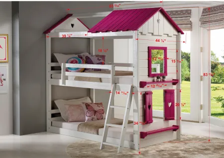 White and Pink Twin over Twin Bunk Bed - Sweetheart