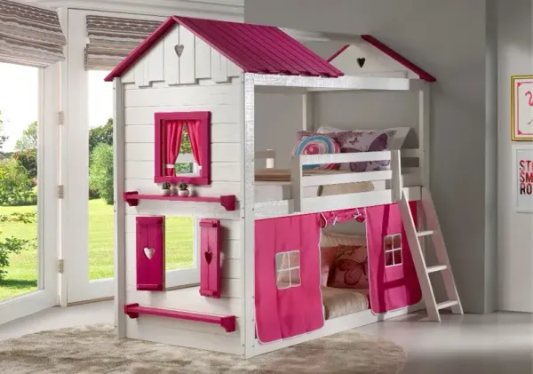 White and Pink Twin over Twin Bunk Bed with Tent - Sweetheart