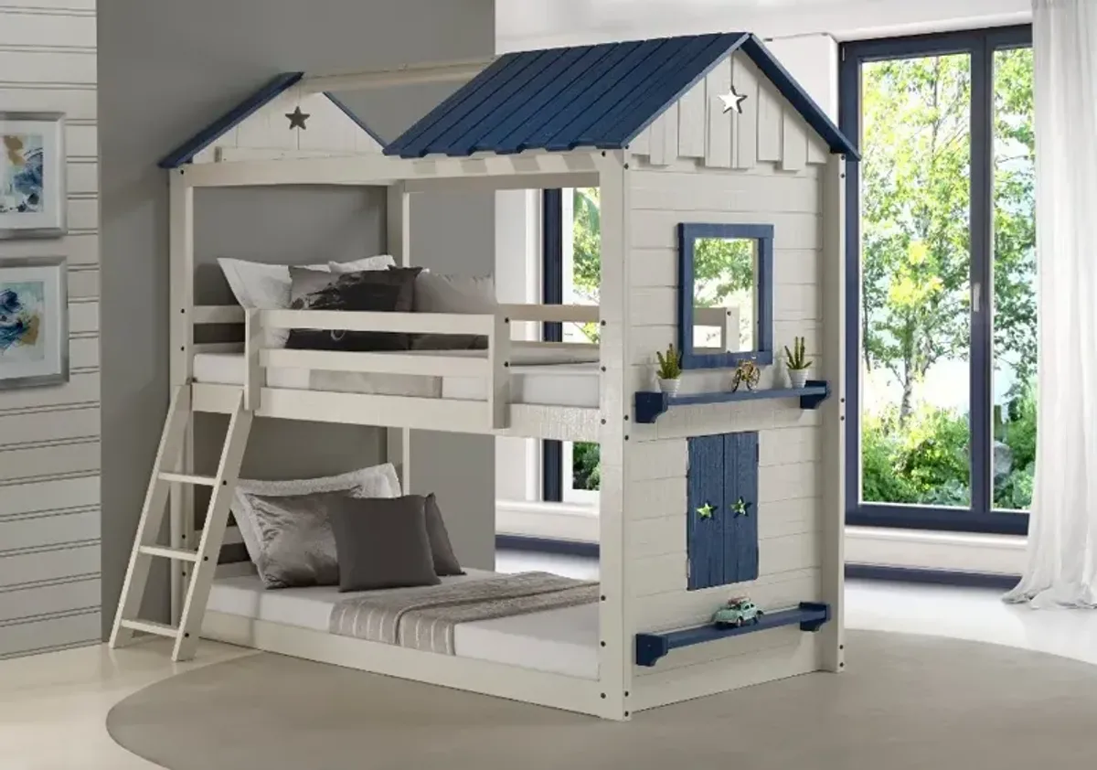 White and Blue Twin-over-Twin Bunk Bed - Star Gaze