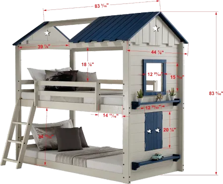 Star Gaze White and Blue Twin-over-Twin Bunk Bed with Tent