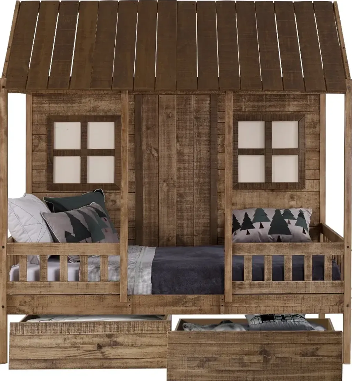 Rustic Driftwood Twin Low Loft Bed with Storage - Front Porch