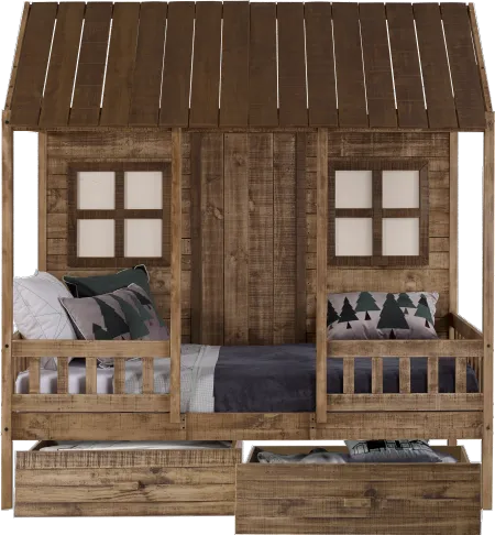 Rustic Driftwood Twin Low Loft Bed with Storage - Front Porch