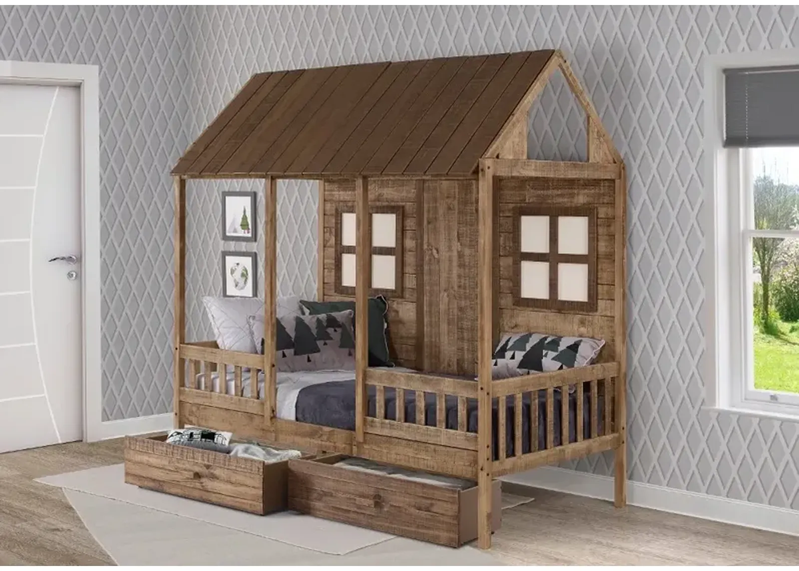 Rustic Driftwood Twin Low Loft Bed with Storage - Front Porch