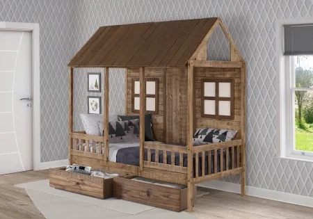 Rustic Driftwood Twin Low Loft Bed with Storage - Front Porch