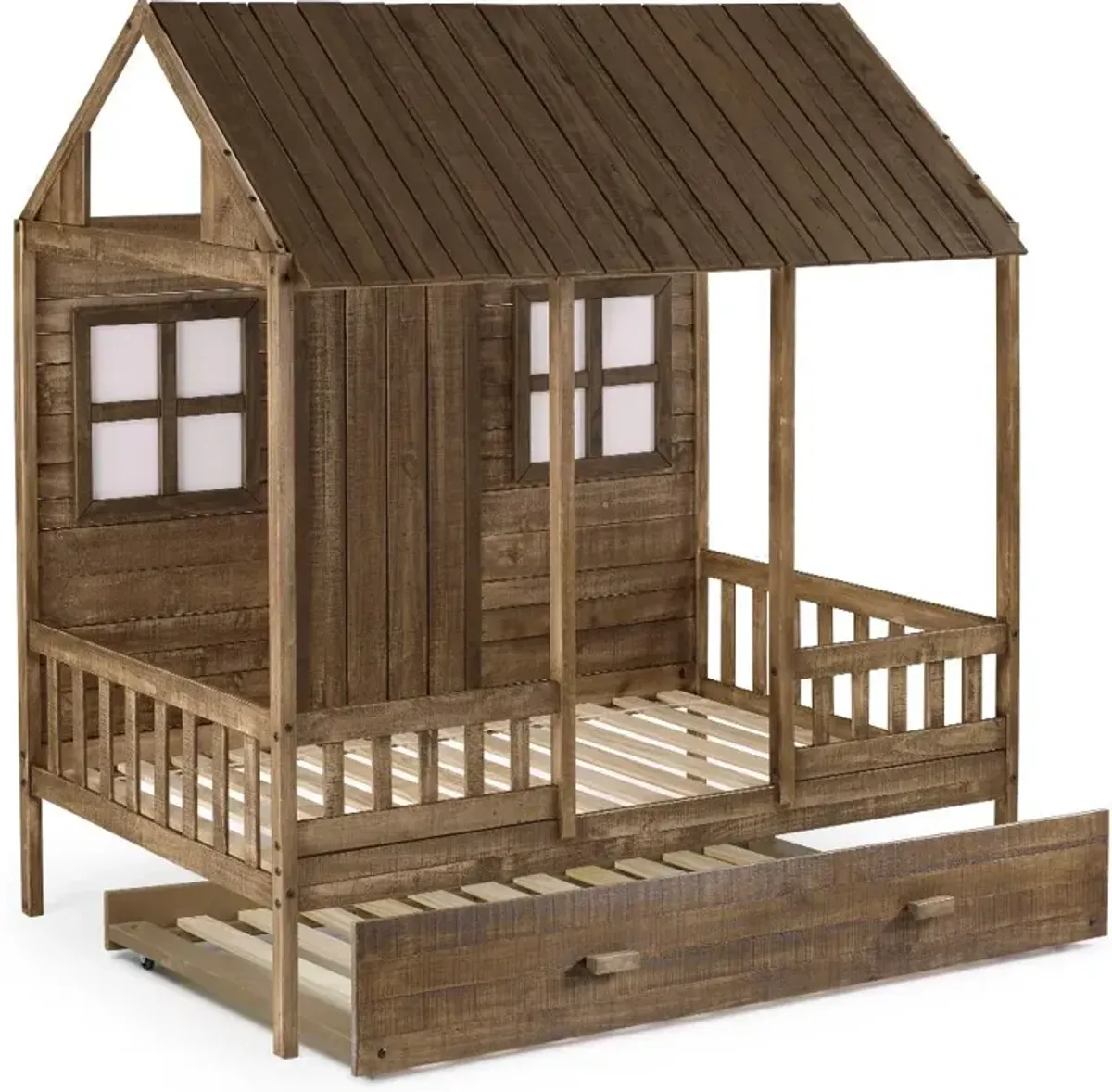 Rustic Driftwood Twin Low Loft Bed with Trundle - Front Porch