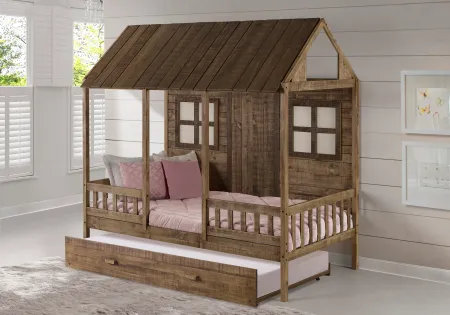 Rustic Driftwood Twin Low Loft Bed with Trundle - Front Porch