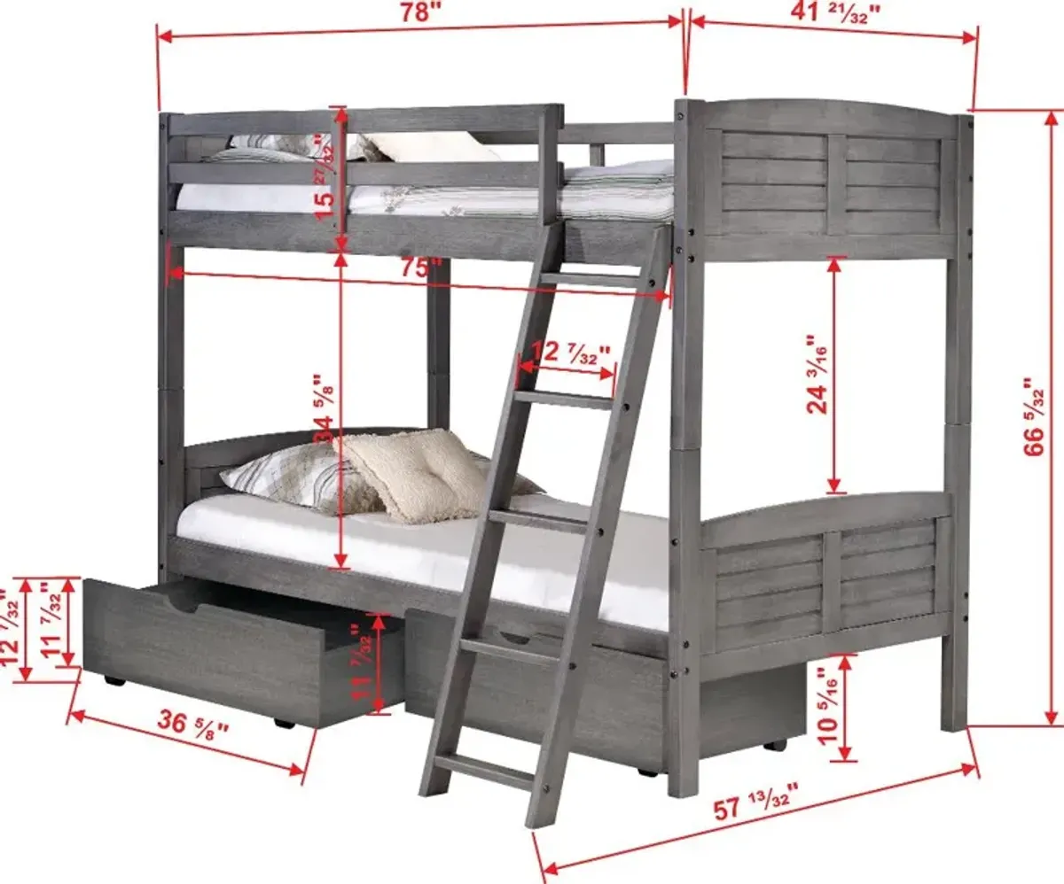 Antique Gray Twin over Twin Bunk Bed - Louver