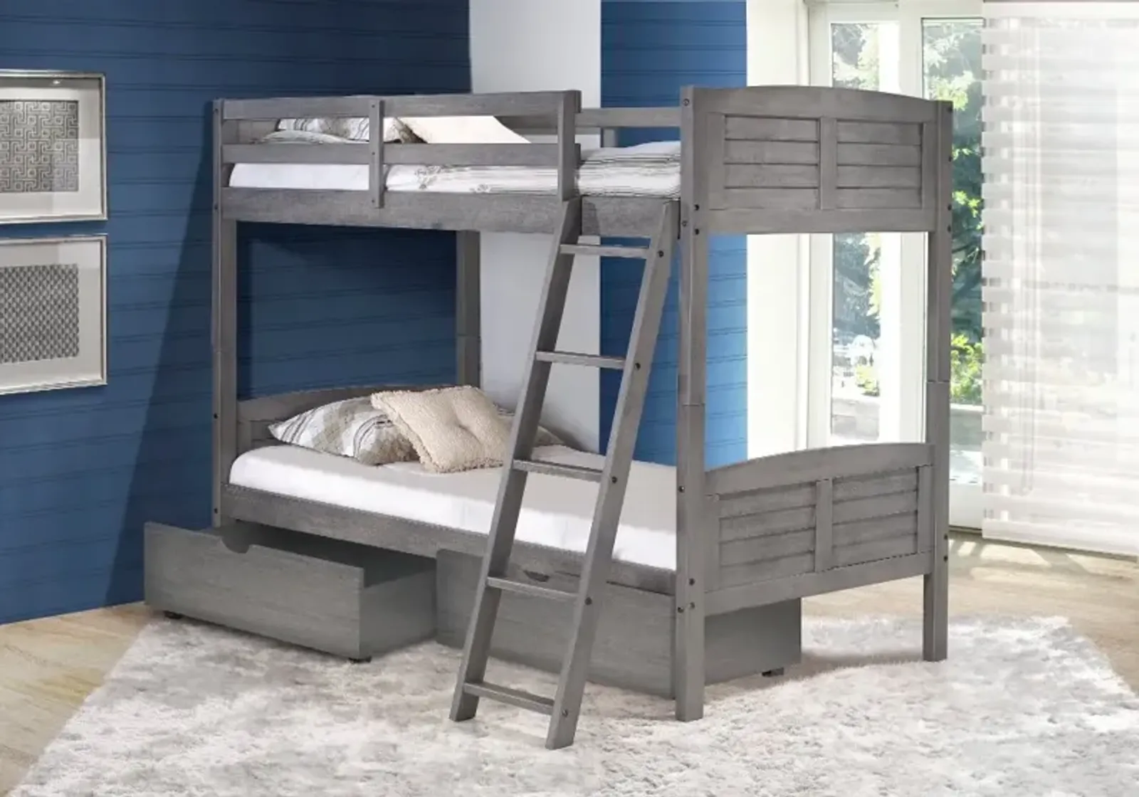 Antique Gray Twin over Twin Bunk Bed with Storage - Louver