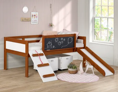 Brown and White Twin Low Loft Bed with Storage - Junior