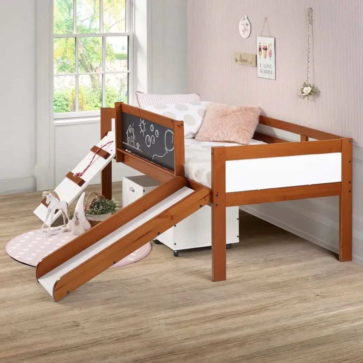 Brown and White Twin Low Loft Bed with Storage - Junior